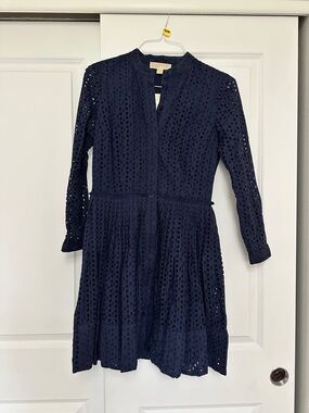 Michael Kors Navy Eyelet Long-Sleeve Fit-and-Flare Dress